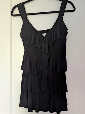 Caché Y2K Tiered Ruffled Top Black With Buckle Detail Straps S